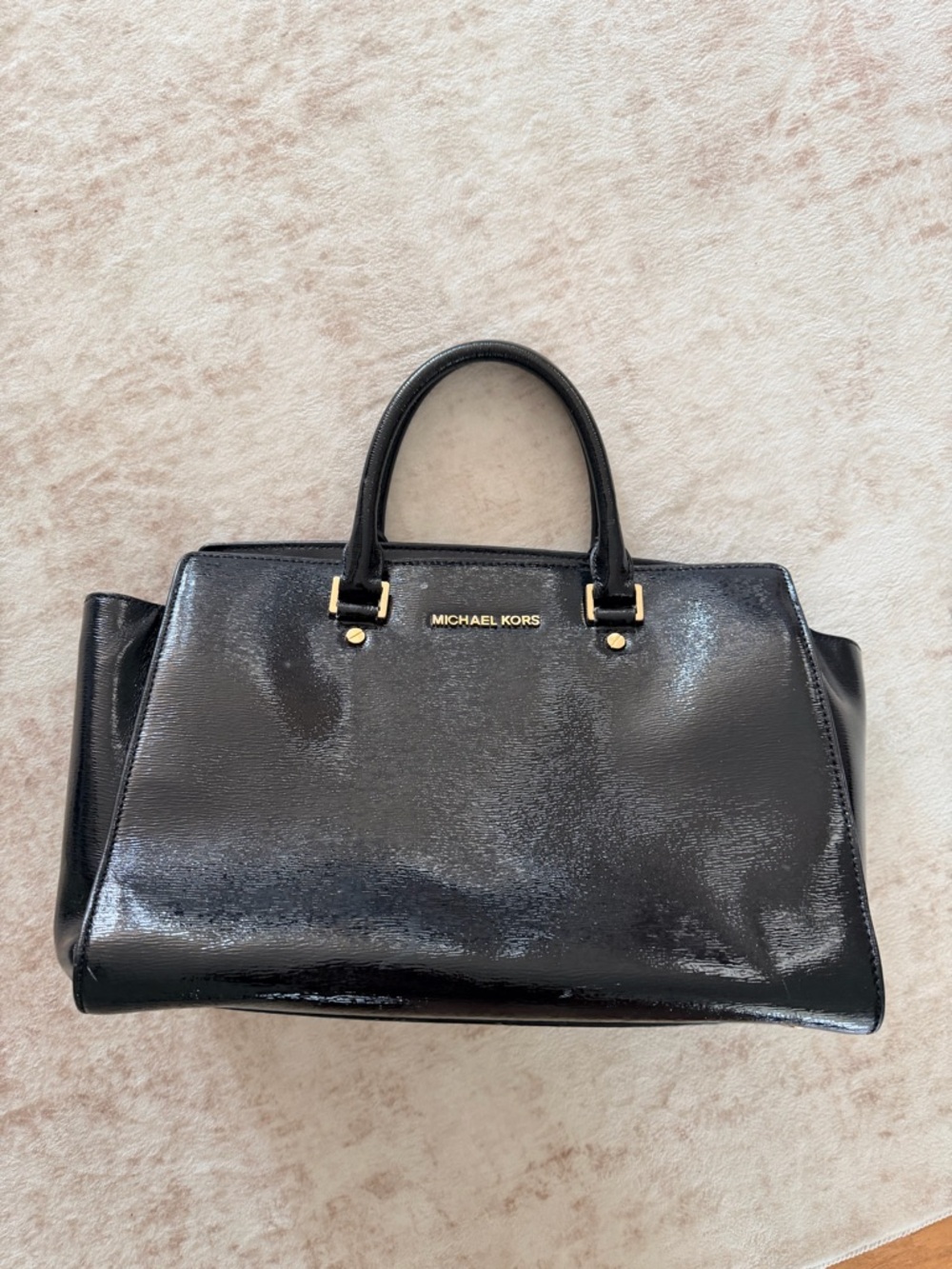 Michael Kors Black Patent Satchel with Gold Hardware